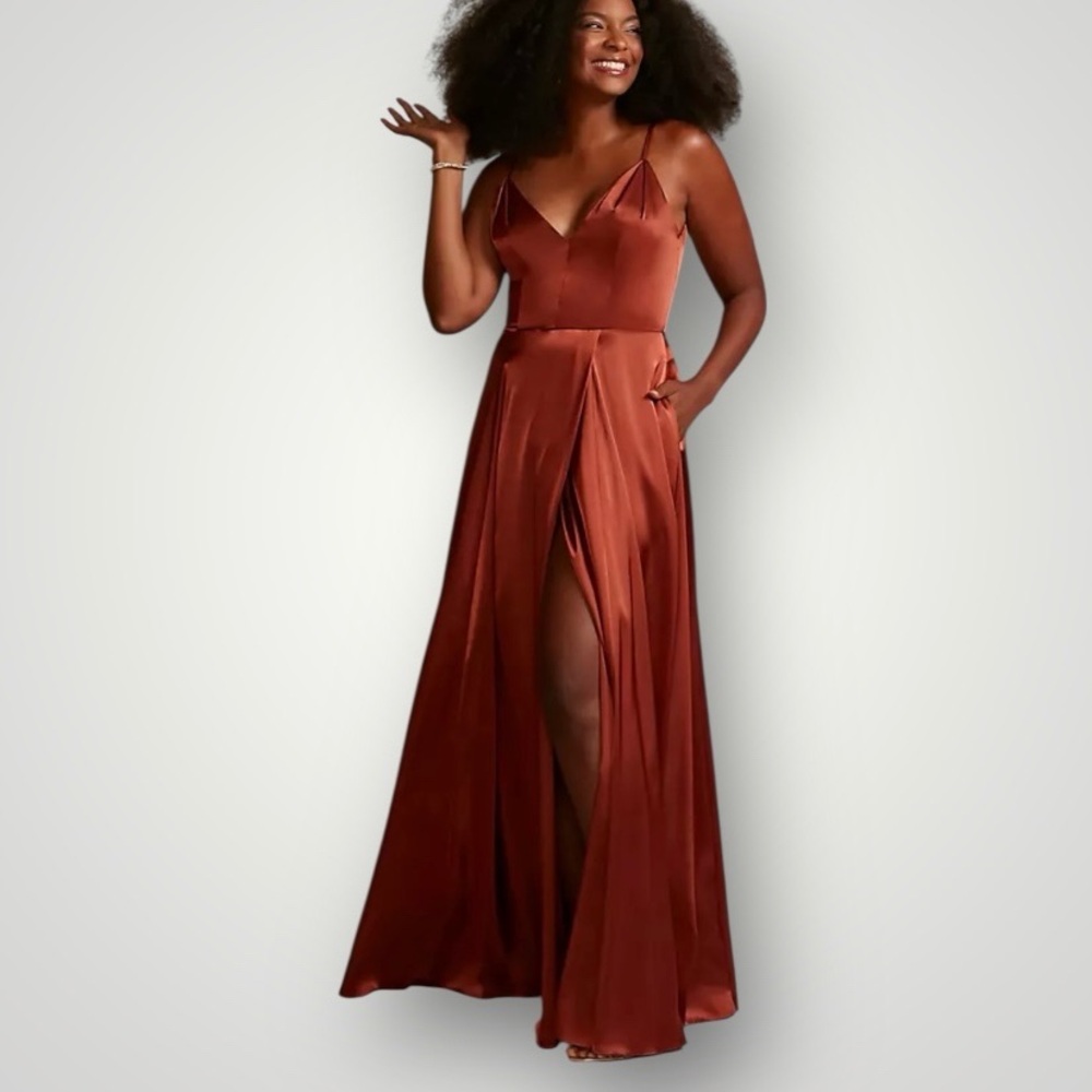 Galina Signature cinnamon satin vneck maxi dress